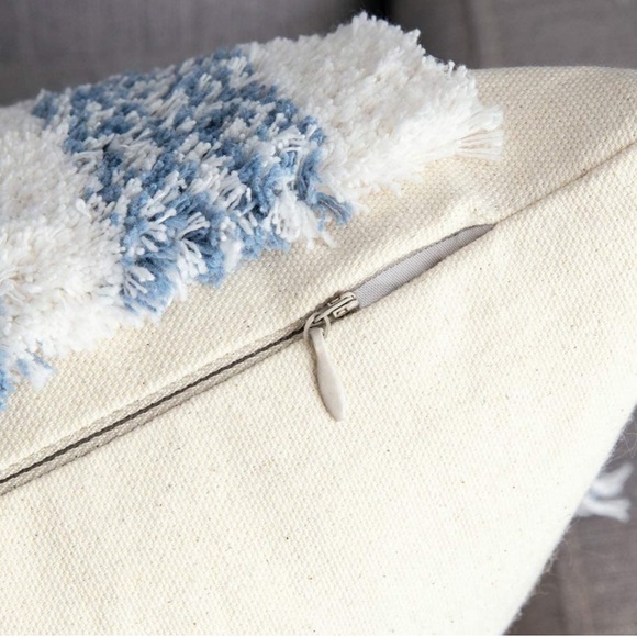 Luxury Home | Boho Chic Blue & White Tufted Woven Tassel Lumbar Pillow Cover - Picture 4 of 7